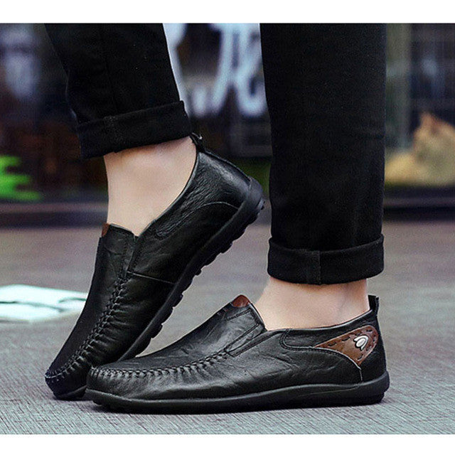 Casual Leather Loafers for Men with Slip-Resistant Rubber Sole