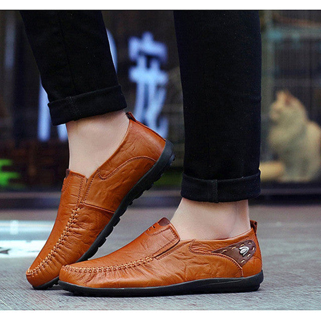 Casual Leather Loafers for Men with Slip-Resistant Rubber Sole
