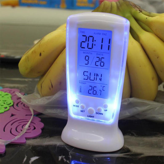 Digital Alarm Clock with LED Display and Clear Design Featuring Calendar and Temperature Indication