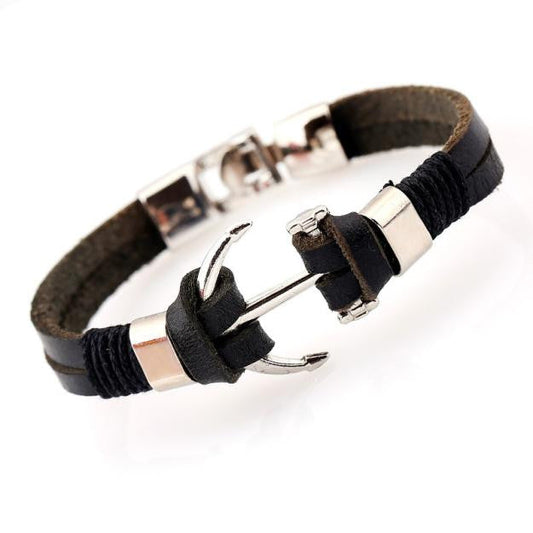 Trendy Leather Bracelet for Men with Nautical Anchor Motif