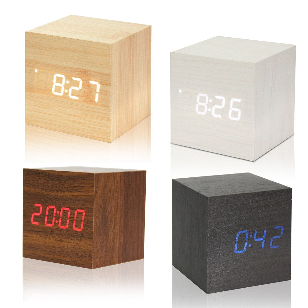 Digital Alarm Clock with LED Wooden Thermometer Display