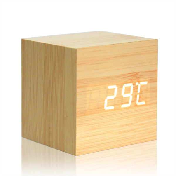 Digital Alarm Clock with LED Wooden Thermometer Display