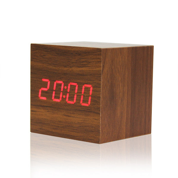 Digital Alarm Clock with LED Wooden Thermometer Display