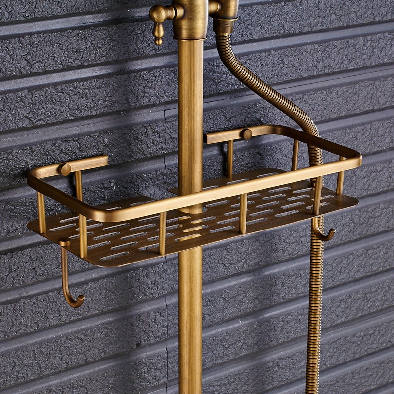 Antique Brass Bathroom Shower Faucet with Storage Holder - Dual Handle, 8" Rainfall