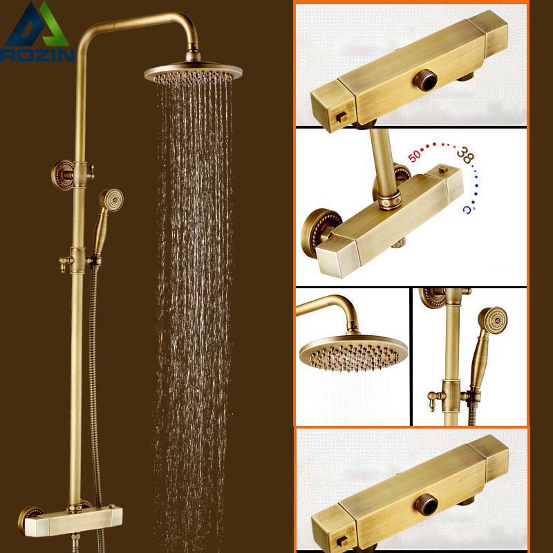 Brass Rainfall Faucet with Temperature Control Handle - Antique Style, 8"