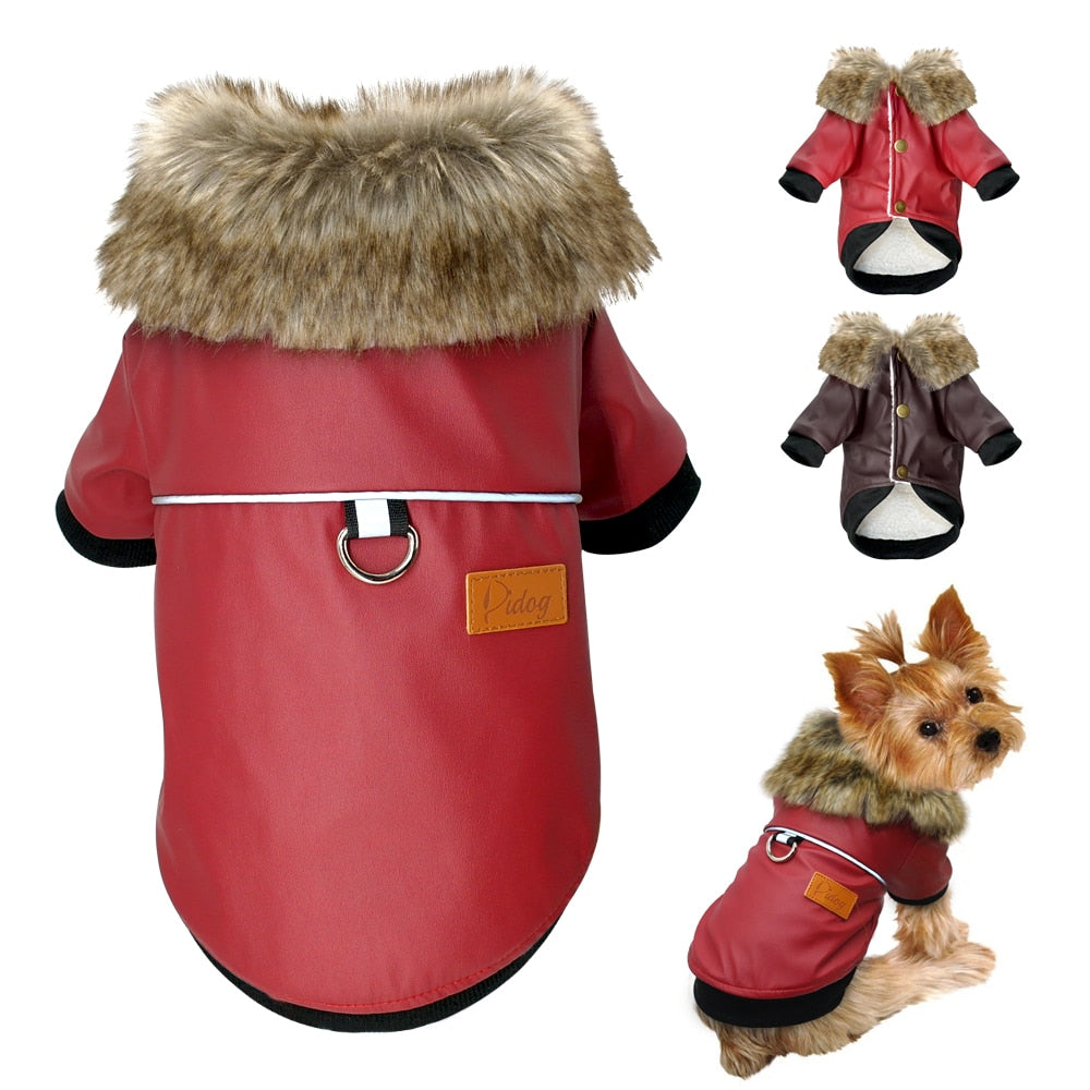 Water-Resistant Faux Leather Canine Jacket with Faux Fur Collar