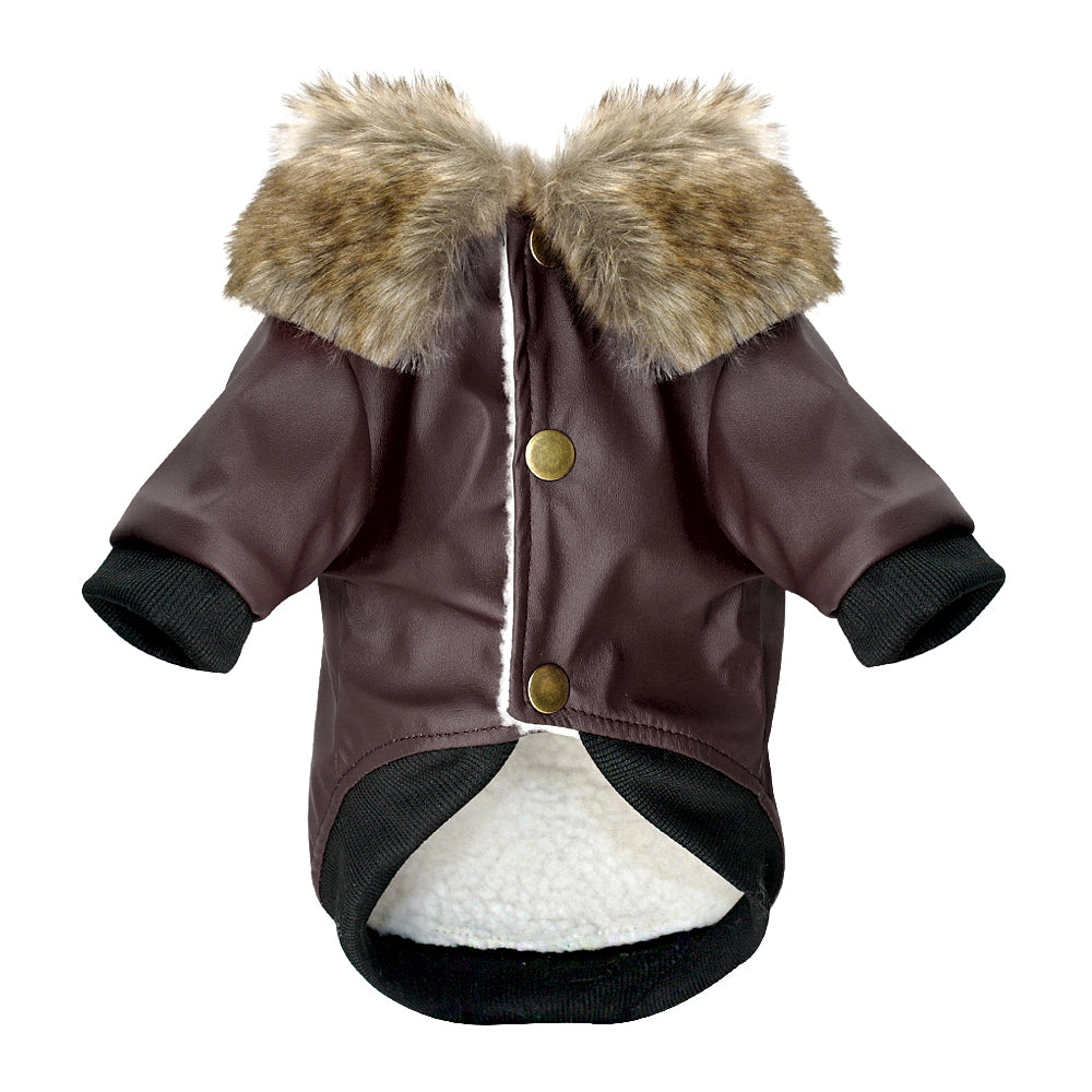 Water-Resistant Faux Leather Canine Jacket with Faux Fur Collar