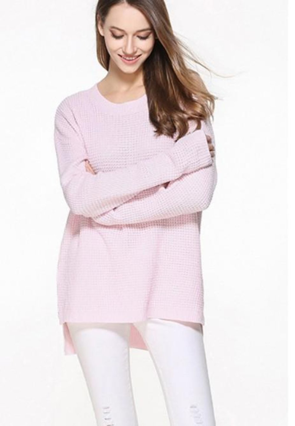 Pink Relaxed Fit Sweater with a Round Neckline for Women