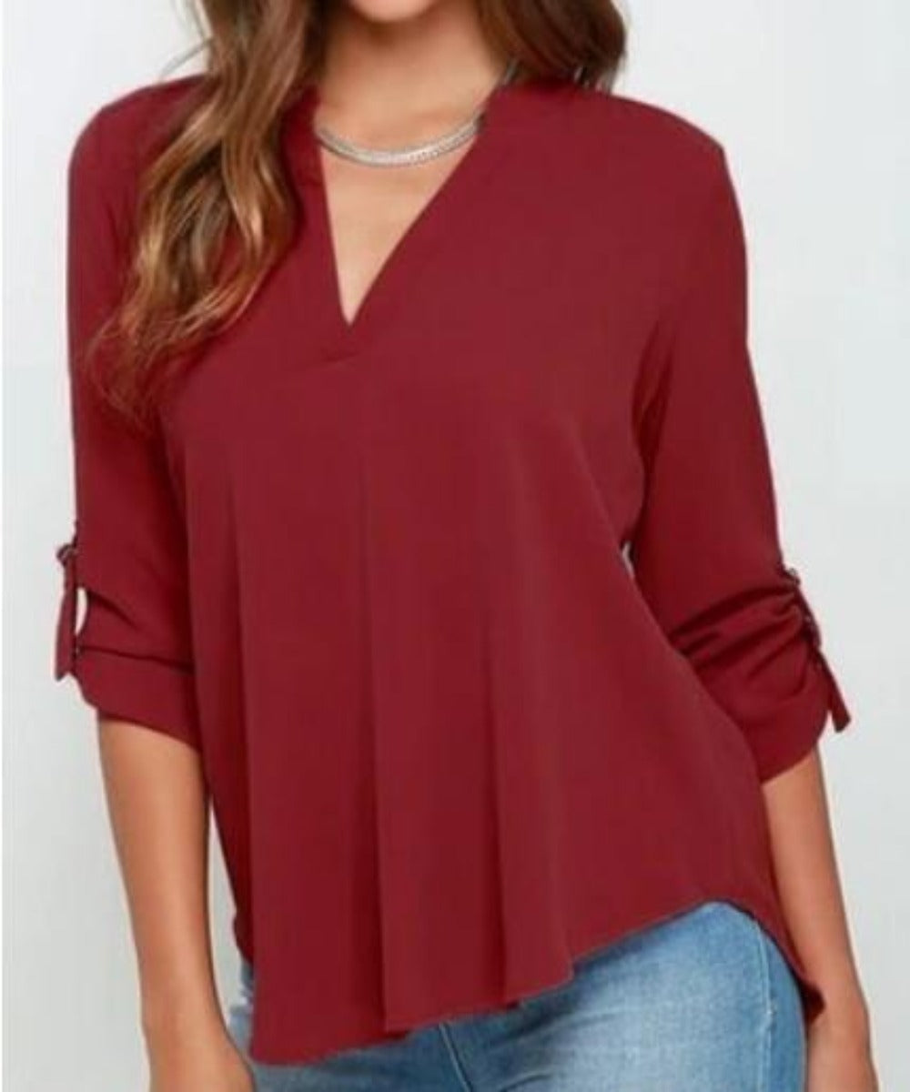 Quarter Sleeve Women's Top with a V Neckline