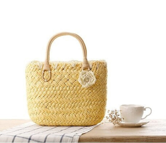 Straw Handbag with Rattan Handles by Coseey