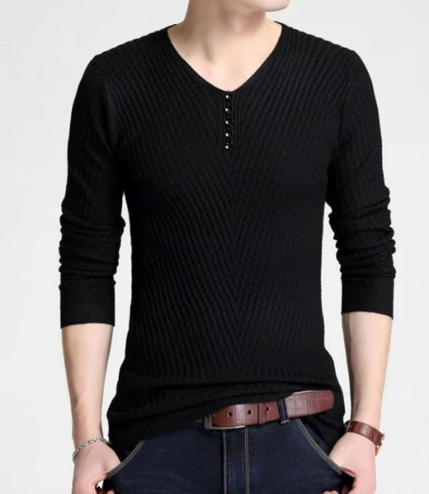 Casual V-Neck Sweater for Men with Buttoned Design