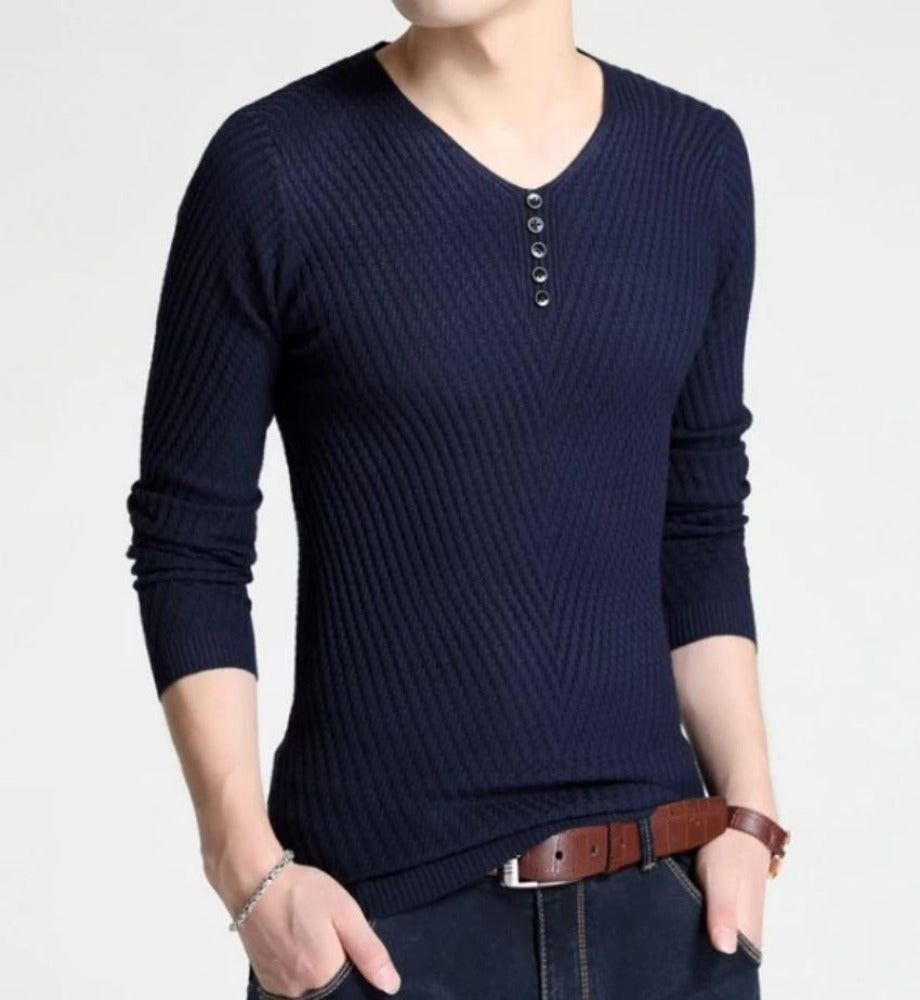 Casual V-Neck Sweater for Men with Buttoned Design
