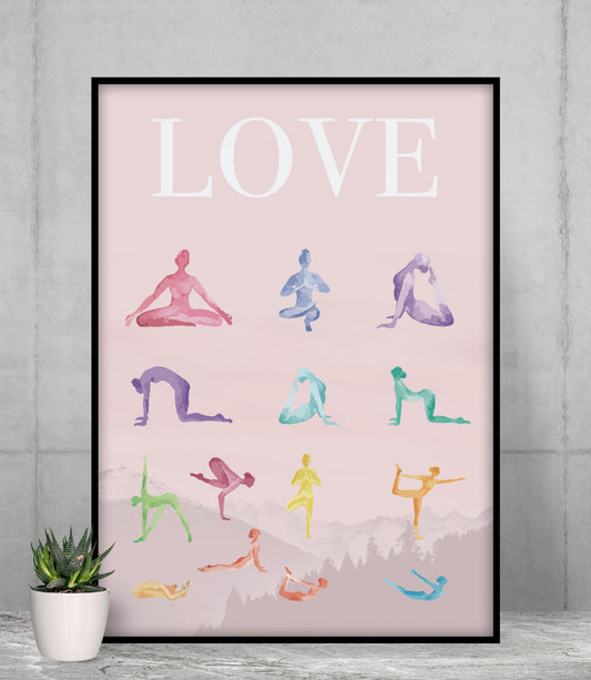 Premium Matte Poster Featuring 14 Yoga Poses for a Mindful Practice of Love