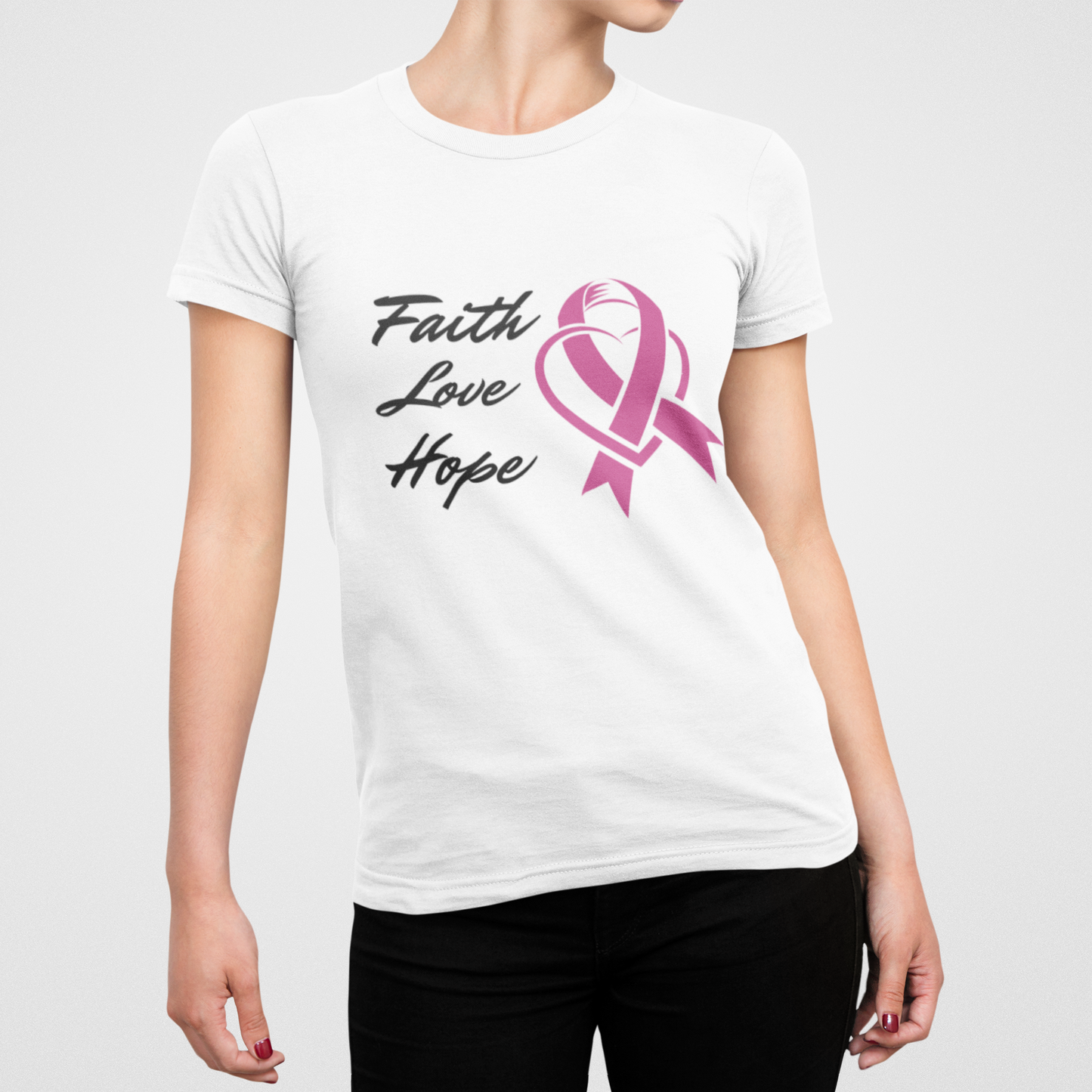 Pink Ribbon Theme T-Shirt - Embodying Faith, Love, and Hope