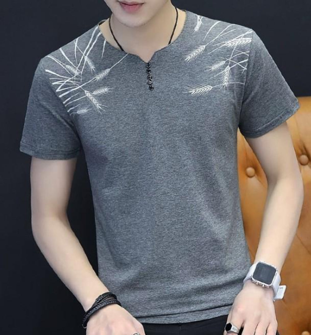 Feather Print Men's Short Sleeve Buttoned T-Shirt