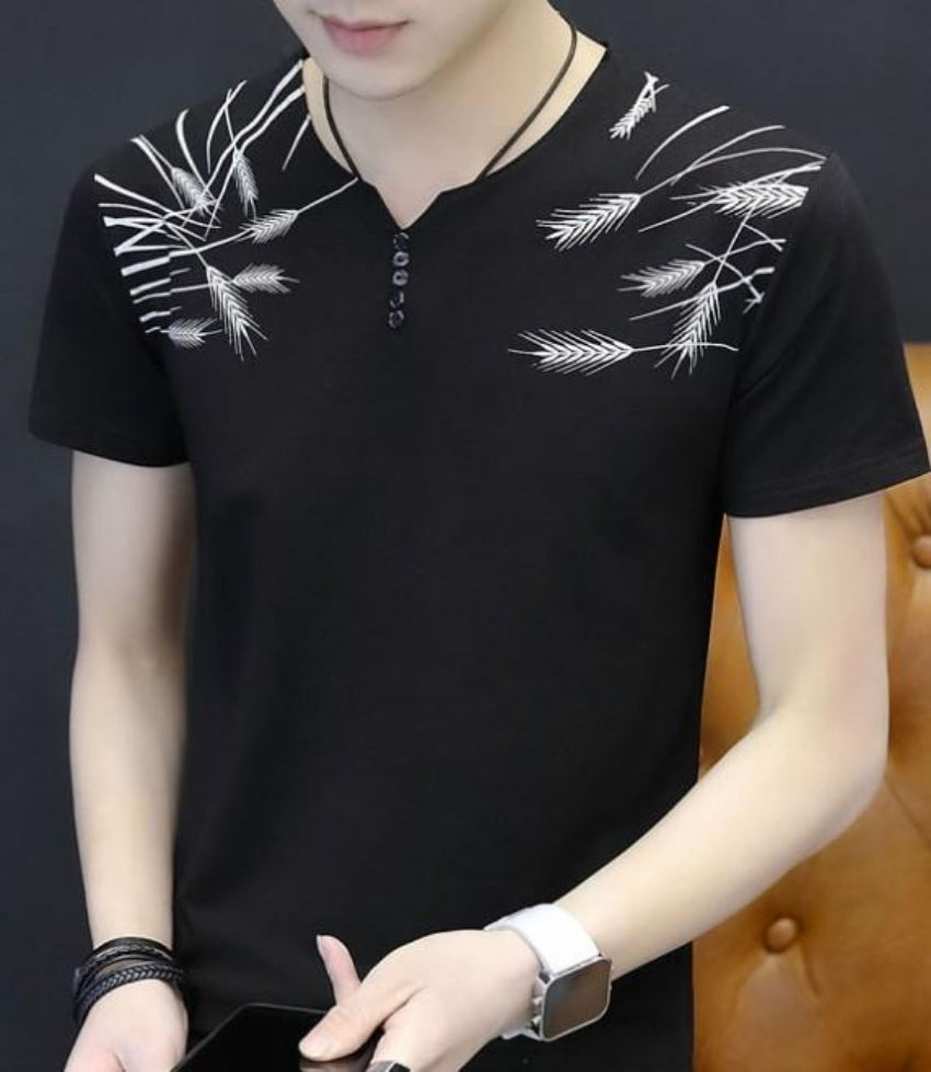 Feather Print Men's Short Sleeve Buttoned T-Shirt