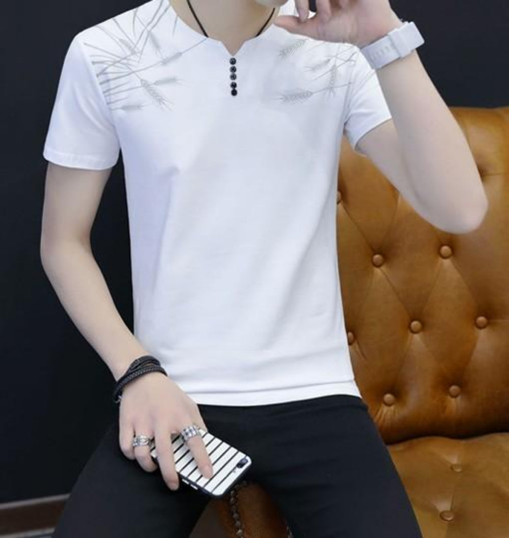 Feather Print Men's Short Sleeve Buttoned T-Shirt