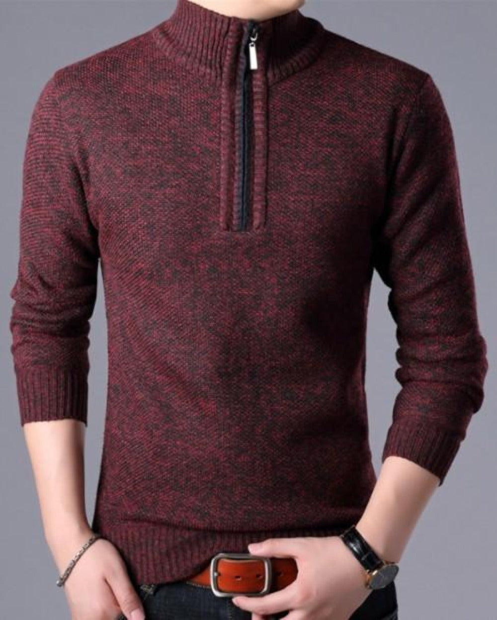 Zippered High Collar Men's Sweater