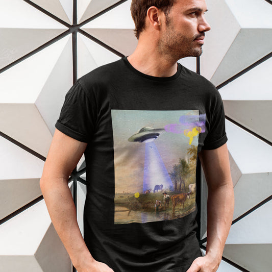 Jersey Short Sleeve Tee featuring Cow being Abducted by UFO