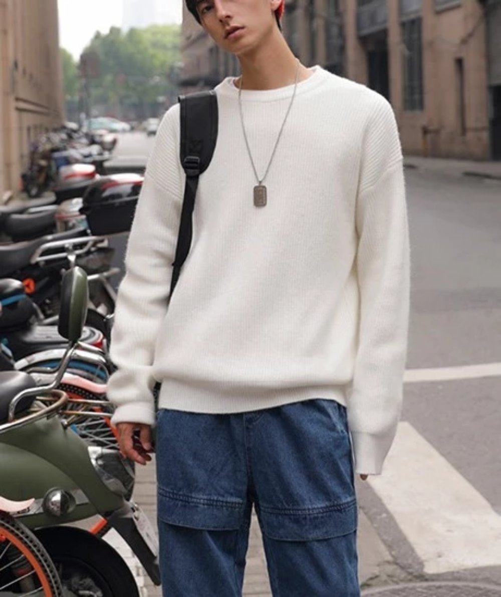Loose-Fitting Crew Neck Sweater with a KPOP Vibe for Men