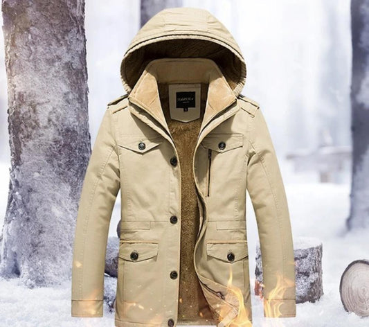 Hooded Coat with Military-Inspired Design for Men
