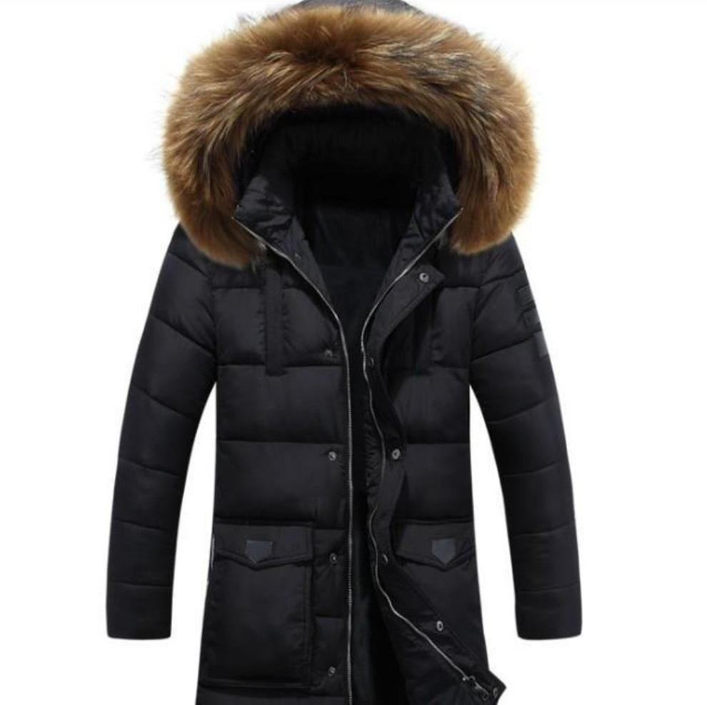 Classic Black Winter Coat with Faux Fur Hood, Inspired by Military Style