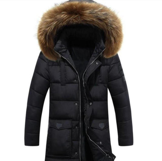Classic Black Winter Coat with Faux Fur Hood, Inspired by Military Style
