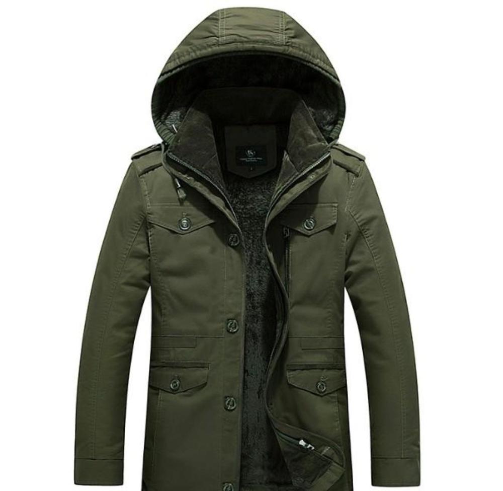 Hooded Coat with Military-Inspired Design for Men