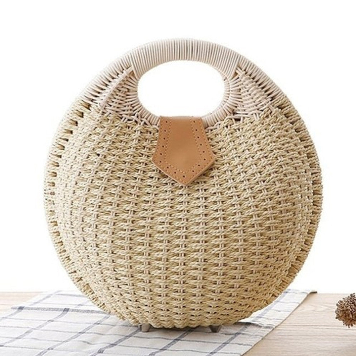 Round-Shaped Wicker Handbag with a Top Handle
