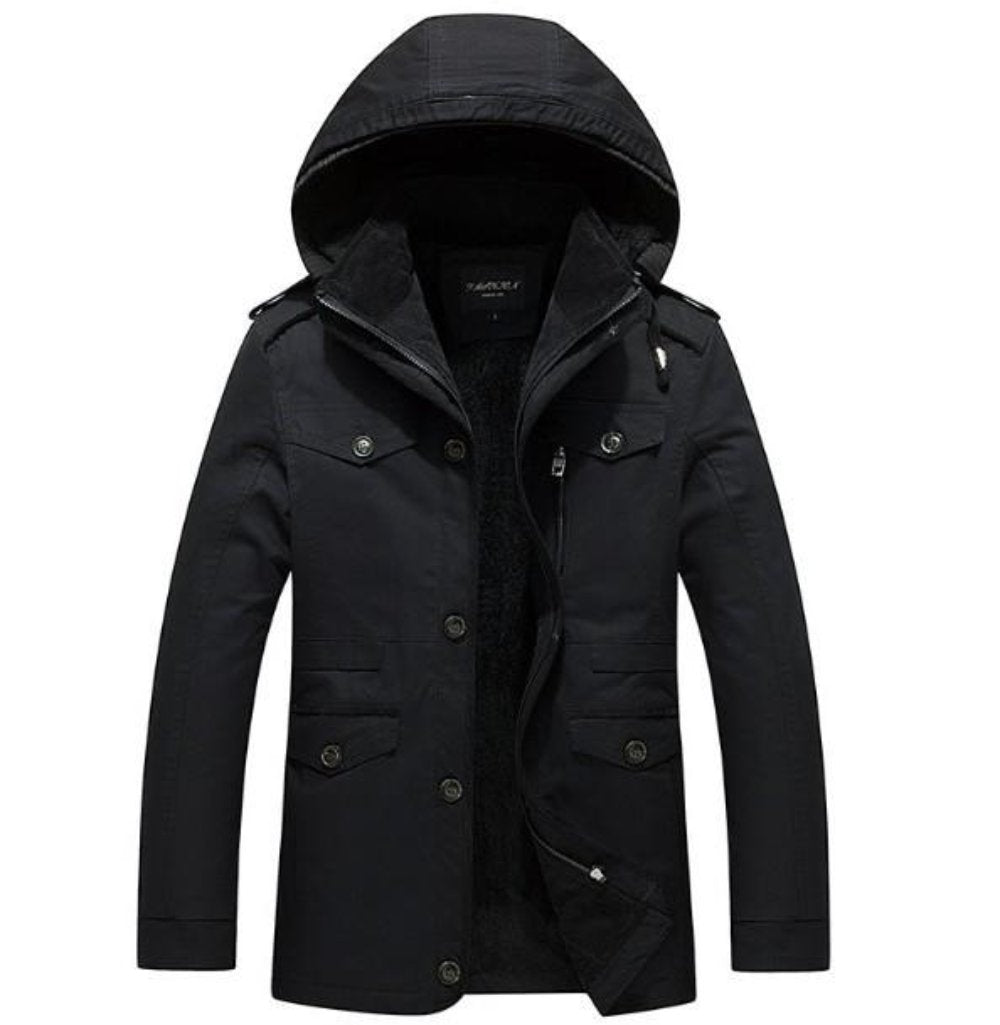 Hooded Coat with Military-Inspired Design for Men
