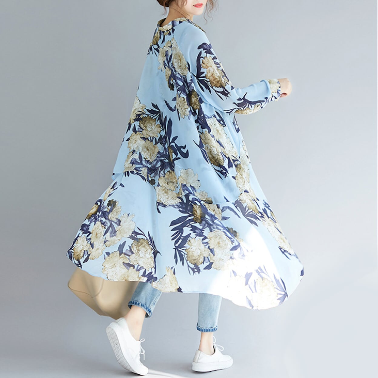 Long Printed Chiffon Blouse for Women with Asymmetric Hem