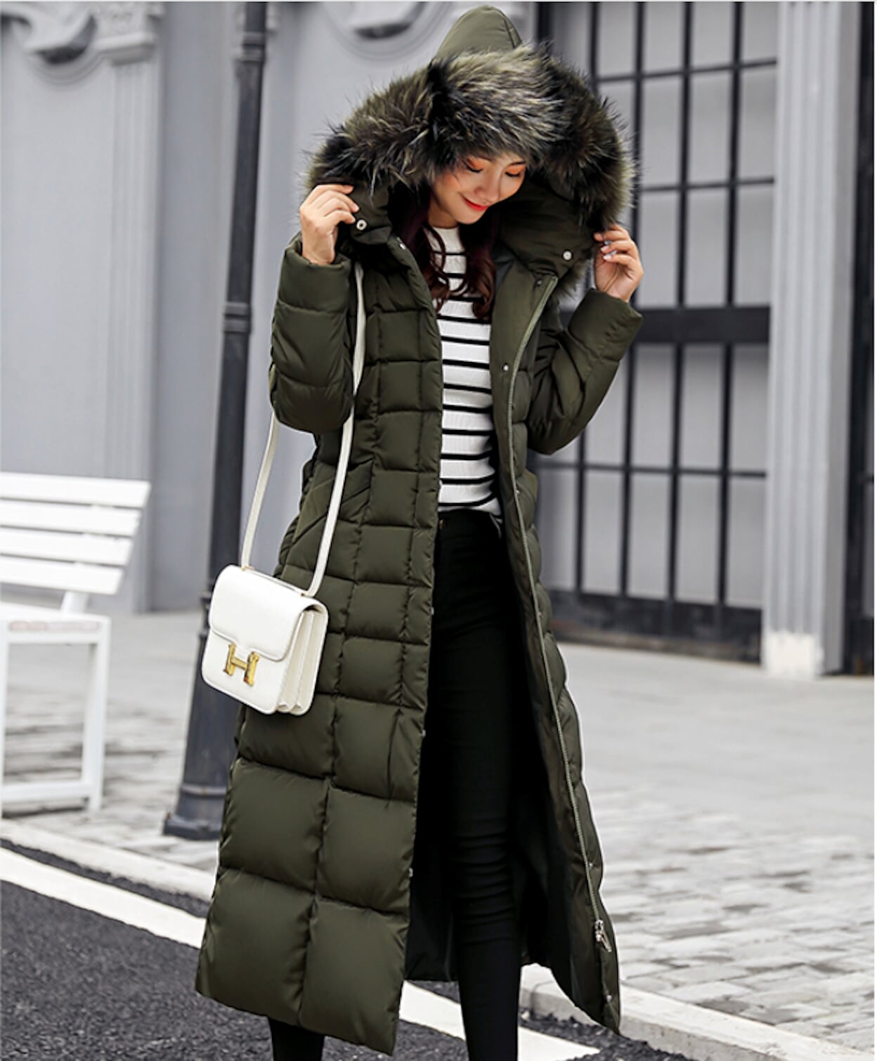 Long Coat for Women with Detachable Faux Fur Hood
