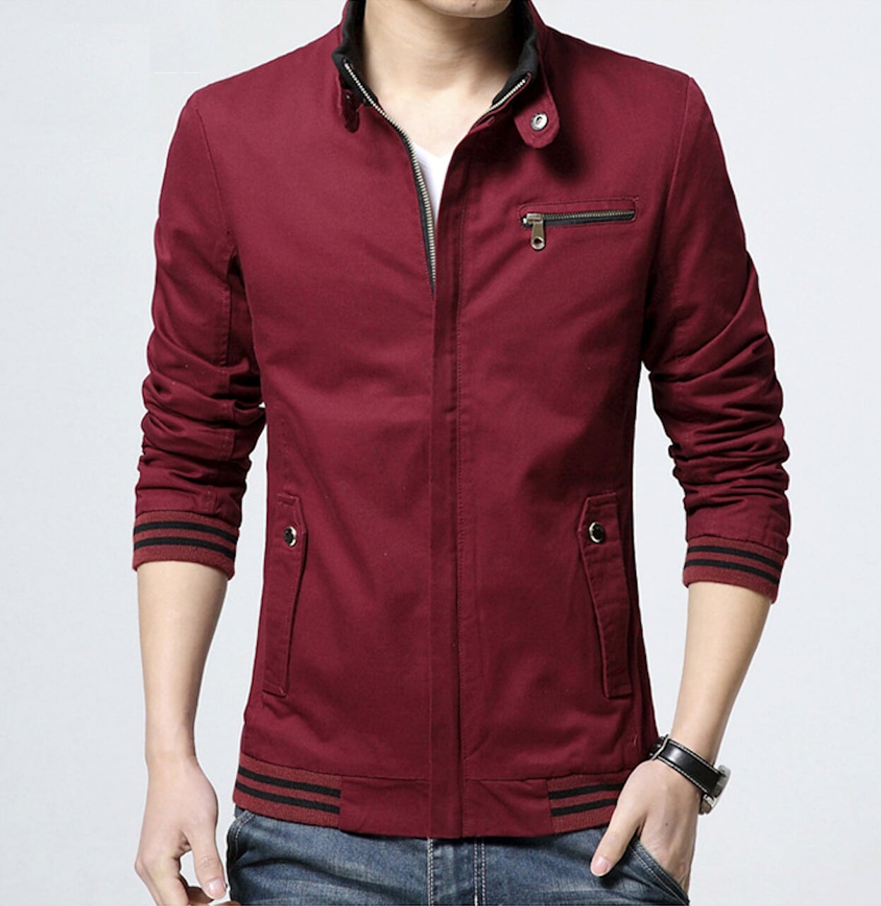 Black Zip-Up Jacket with Stand Collar for Men