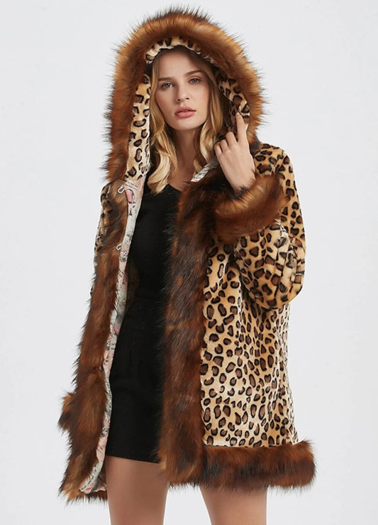 Leopard-Print Women's Hooded Jacket with Faux Fur Collar