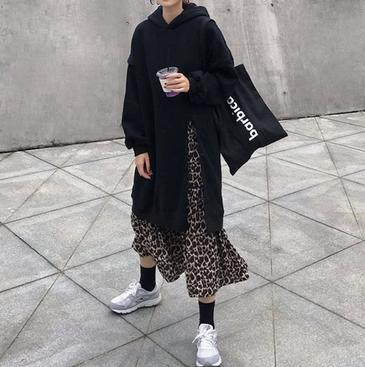 Leopard Print Dress Hoodie for Women with Layered Appearance