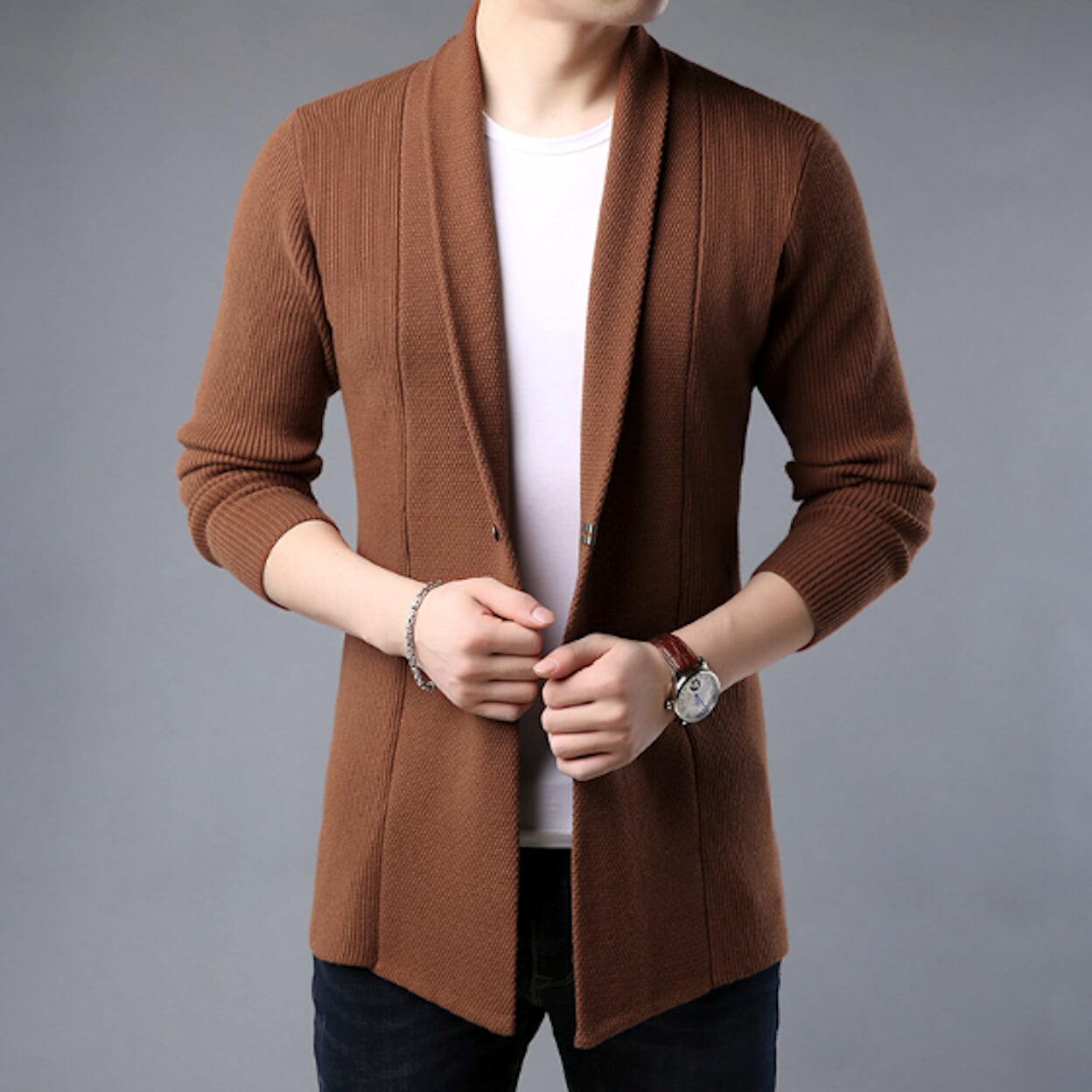 Single Button Men's Mid-Length Cardigan