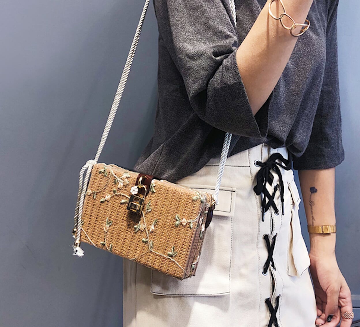 Straw Shoulder Bag with Floral Print
