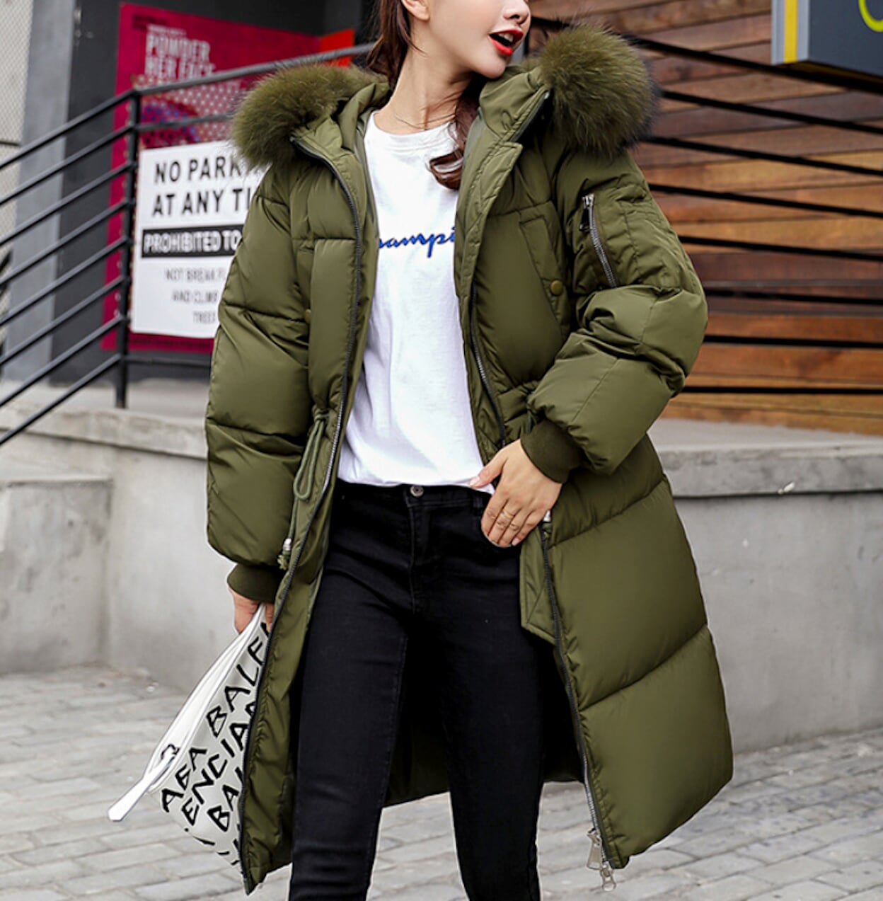 Cinch Waist Puffer Coat with Cozy Hood for Women