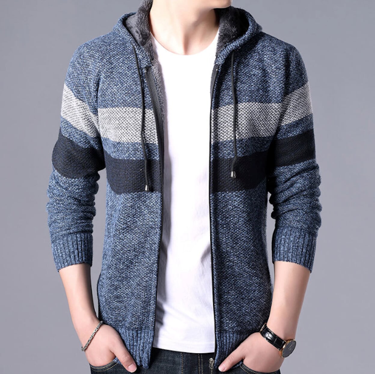 Red Hooded Striped Knit Cardigan for Men