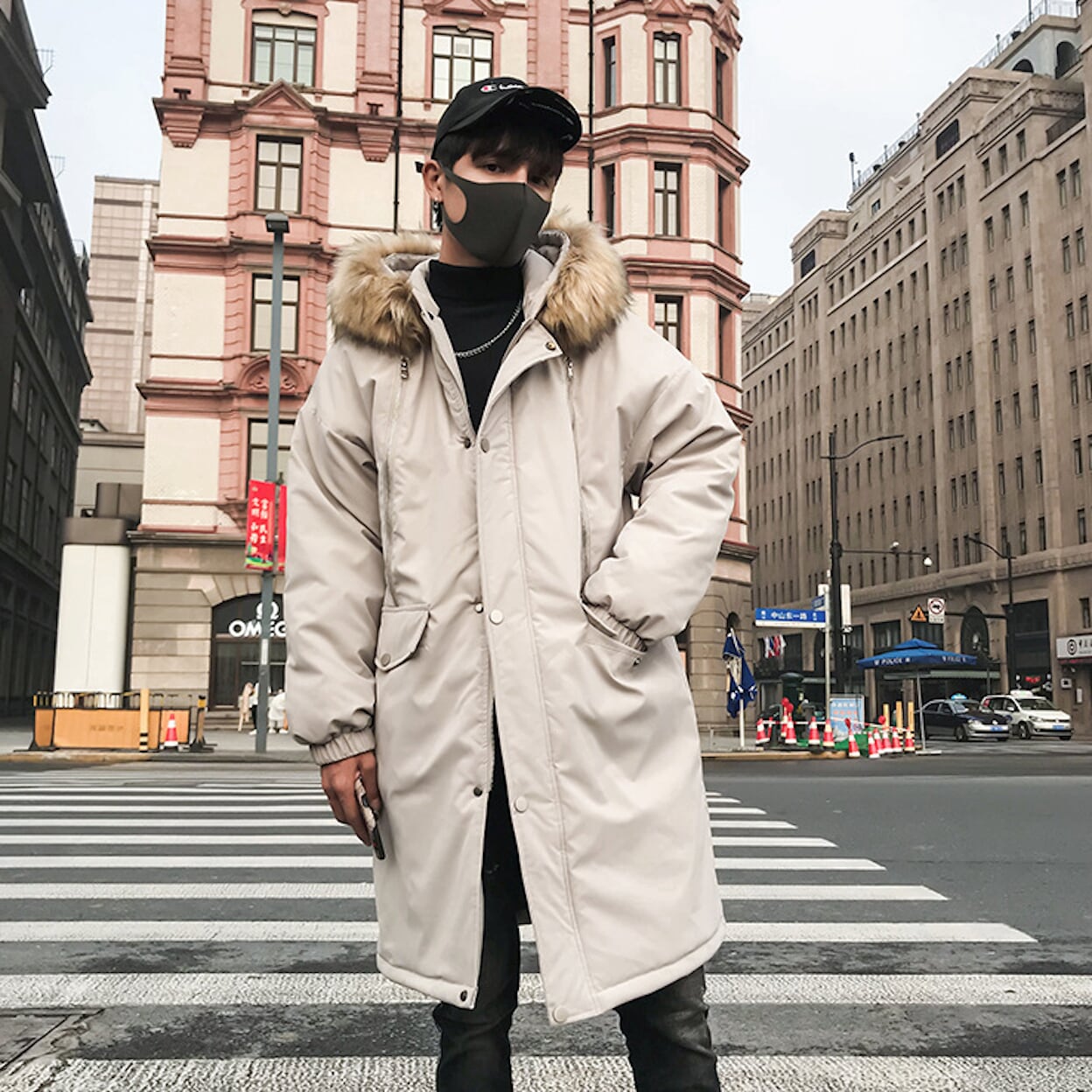 Long Parka Jacket for Men with Faux Fur Hood