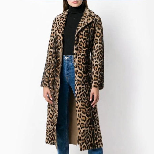 Leopard Print Faux Fur Coat for Women with Cinched Waist