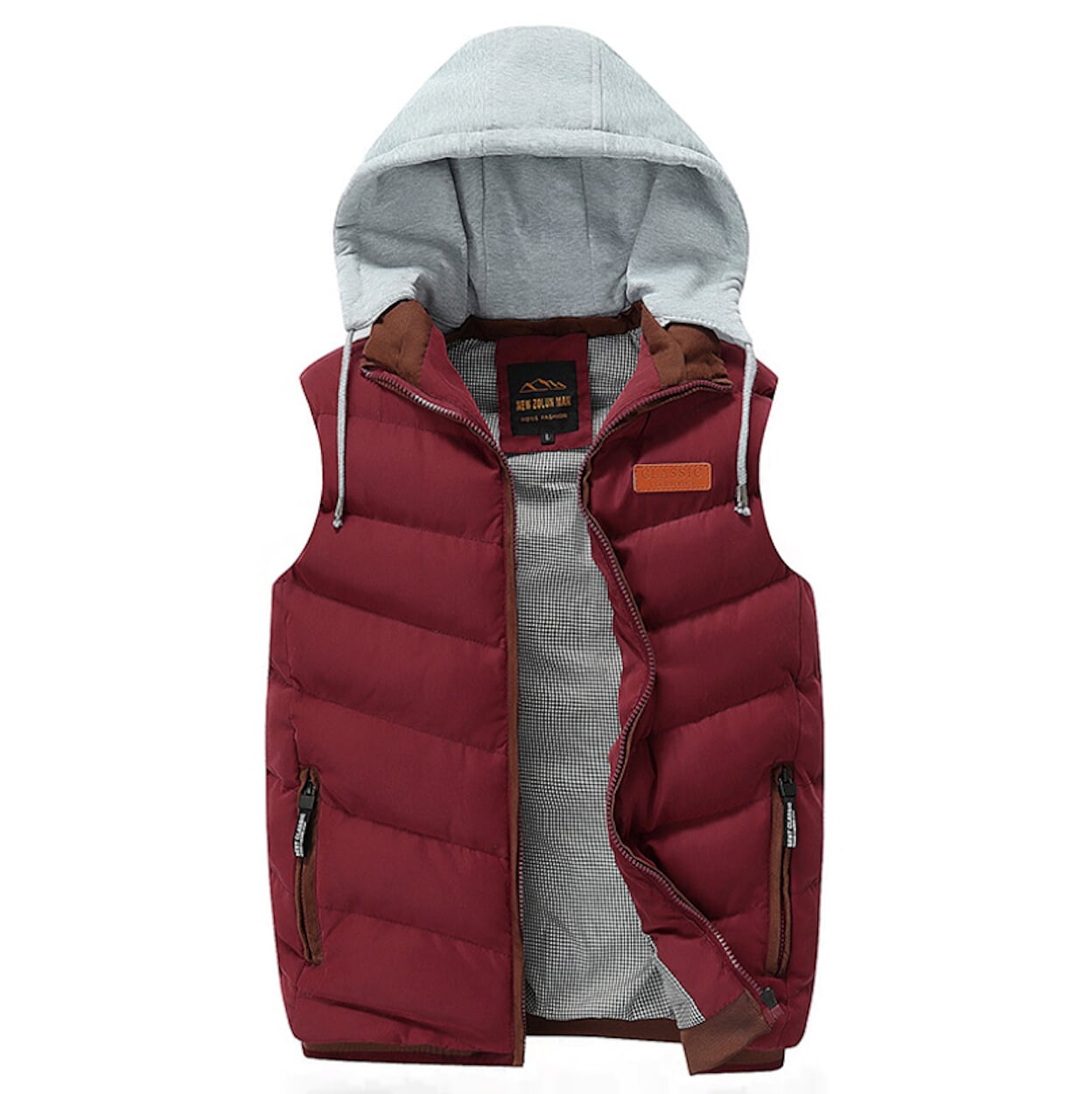 Red Winter Puffy Vest with Detachable Hood for Men