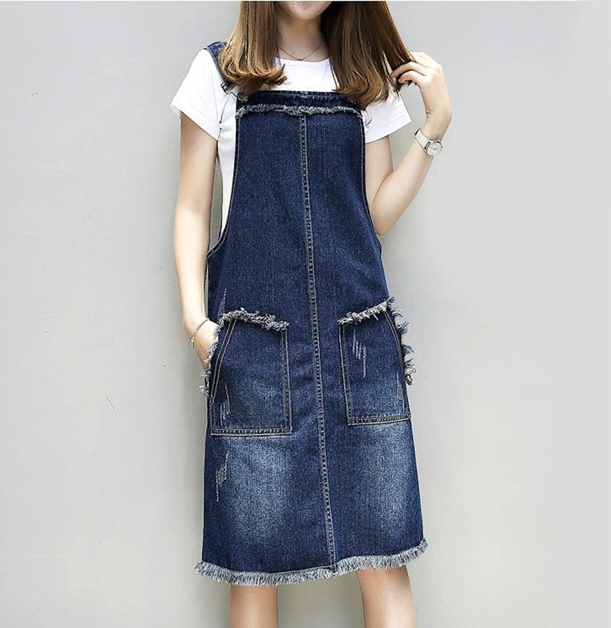 Denim Overall Dress for Women Featuring Convenient Pockets