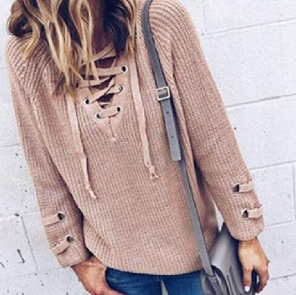 Casual Sweater with Lace-Up Detail for Women