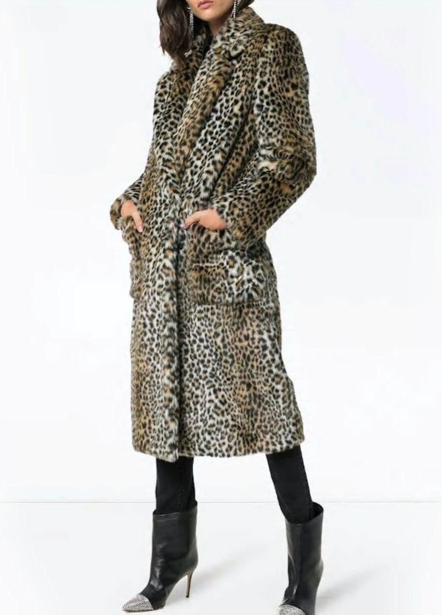 Leopard Print Faux Fur Coat for Women Featuring Convenient Pockets
