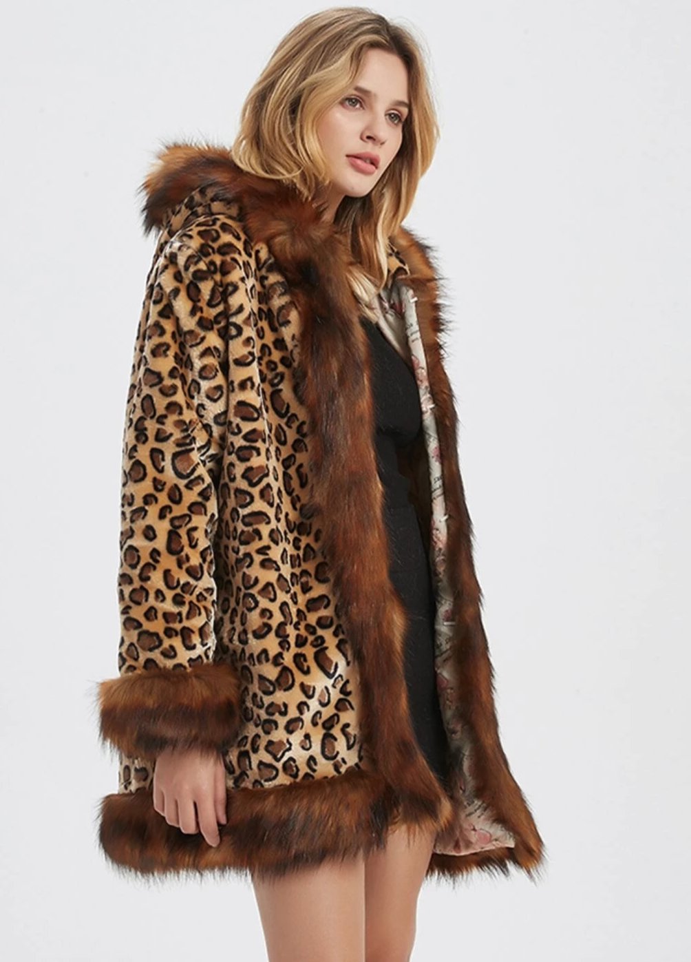 Leopard-Print Women's Hooded Jacket with Faux Fur Collar