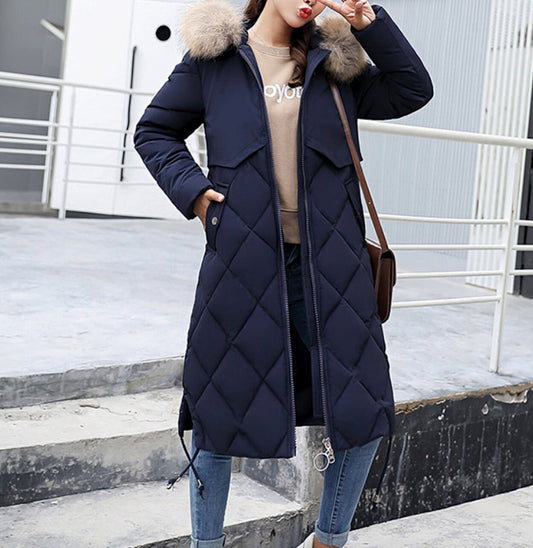 Long Coat for Women with a Hood Fur Trim and Zipper Closure