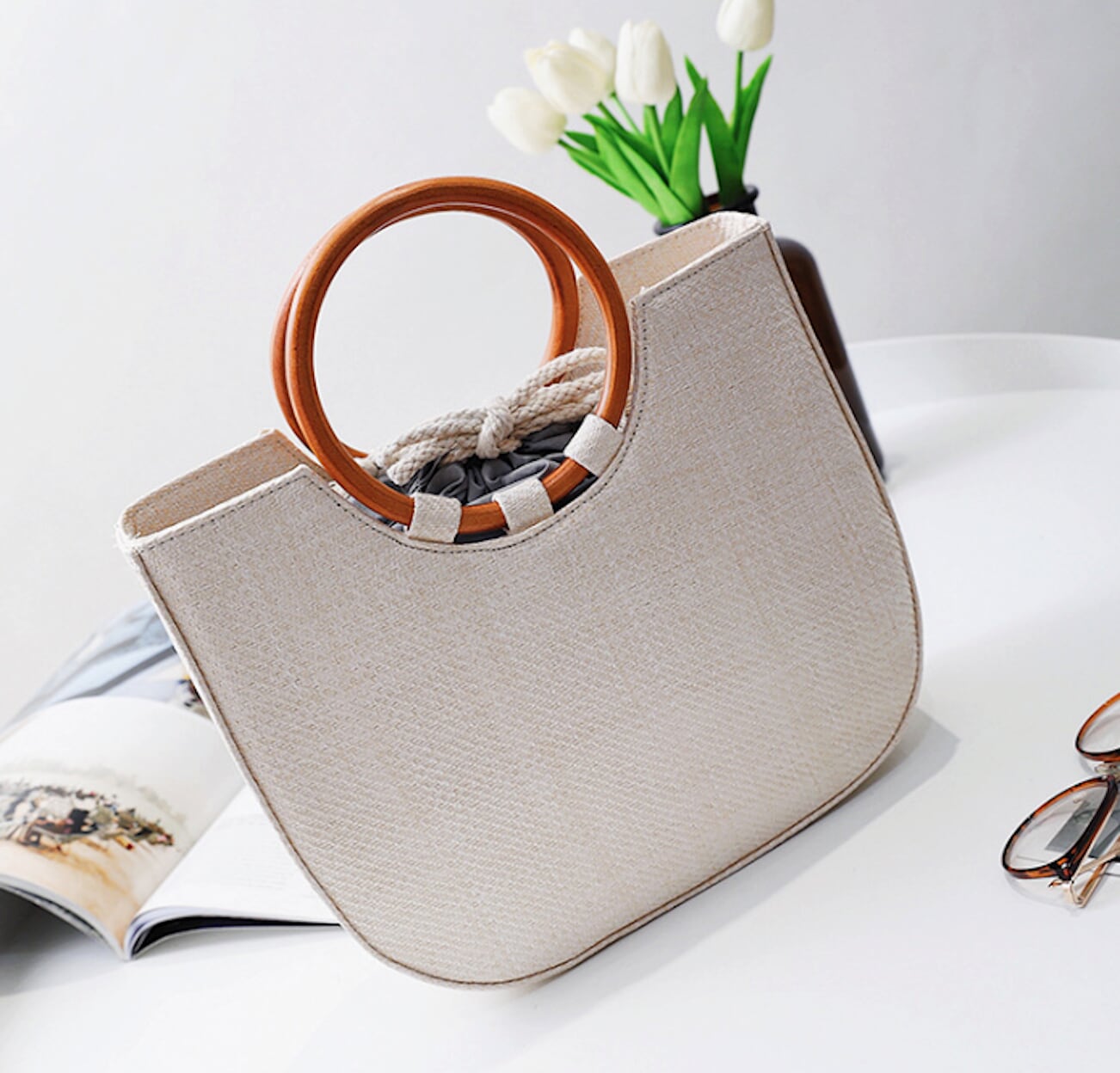 Circular Handled Straw Tote Bag