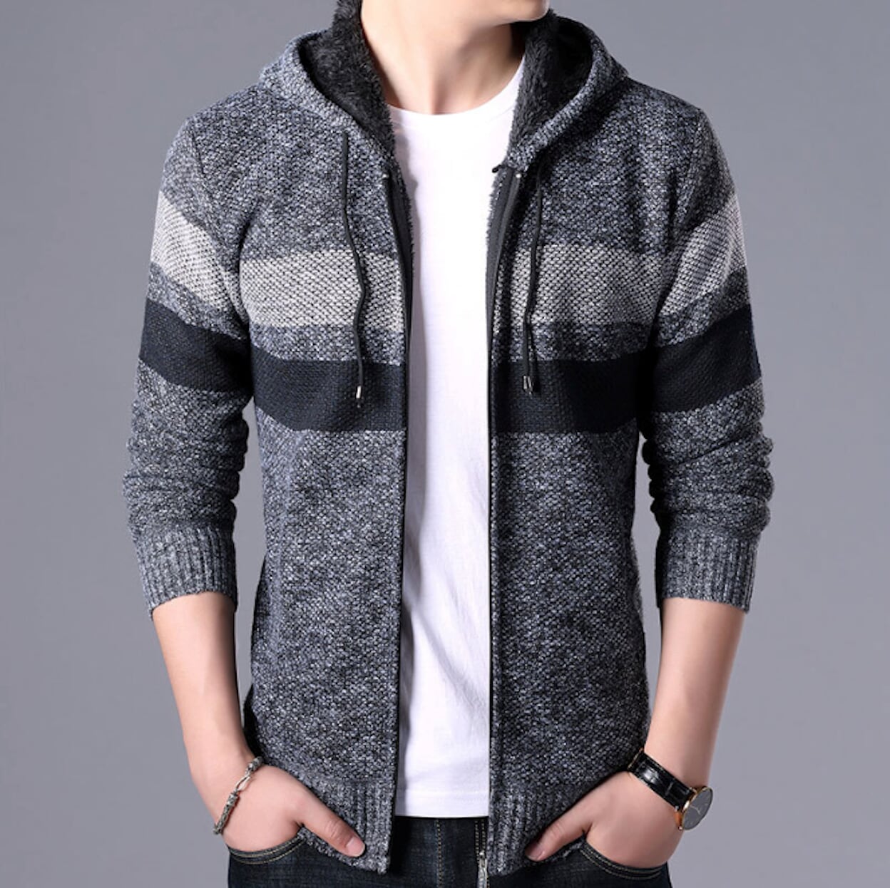 Red Hooded Striped Knit Cardigan for Men
