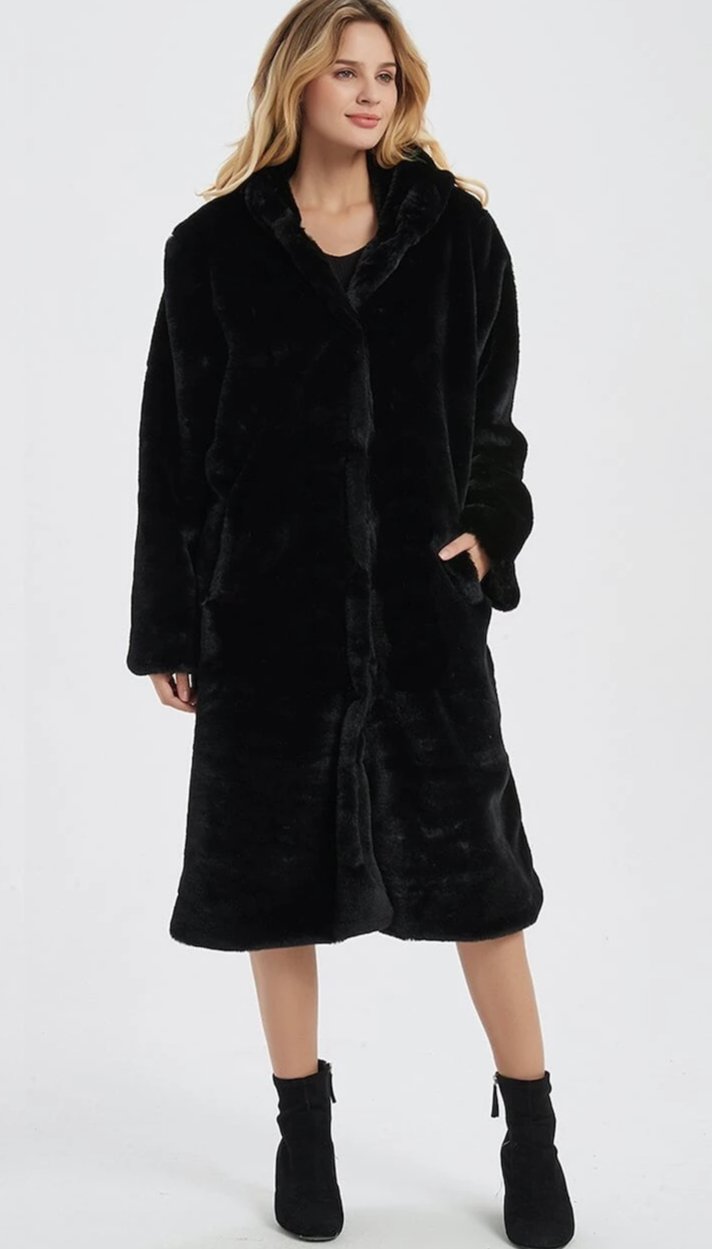 Faux Fur Coat for Women with Hood and Pockets